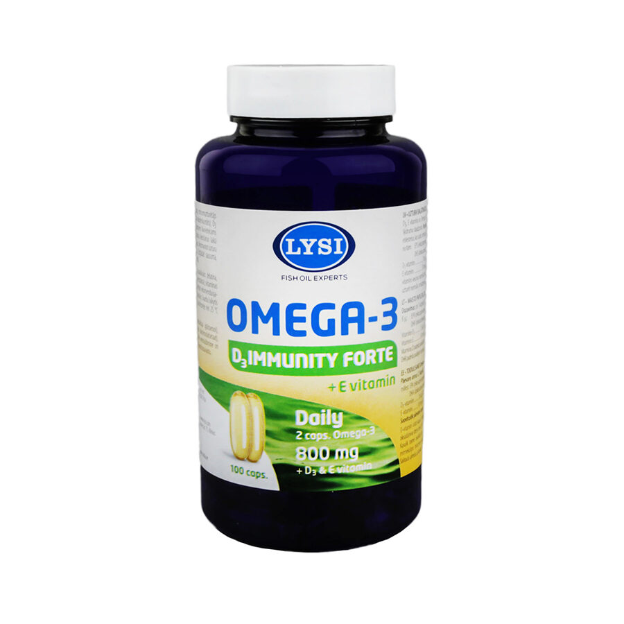 LYSI Omega-3 Immunity Forte zivju eļļa ar D3 + E vitamīniem, 100 kapsulas