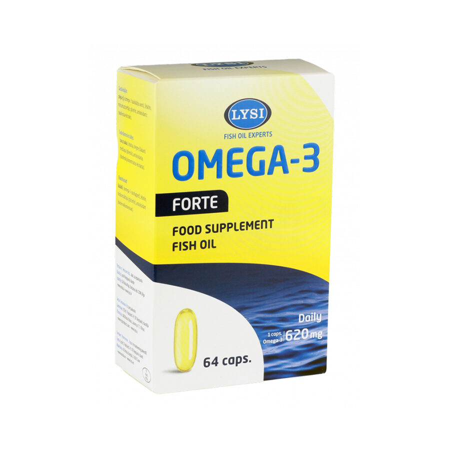LYSI Omega-3 Forte zivju eļļa, 64 kapsulas