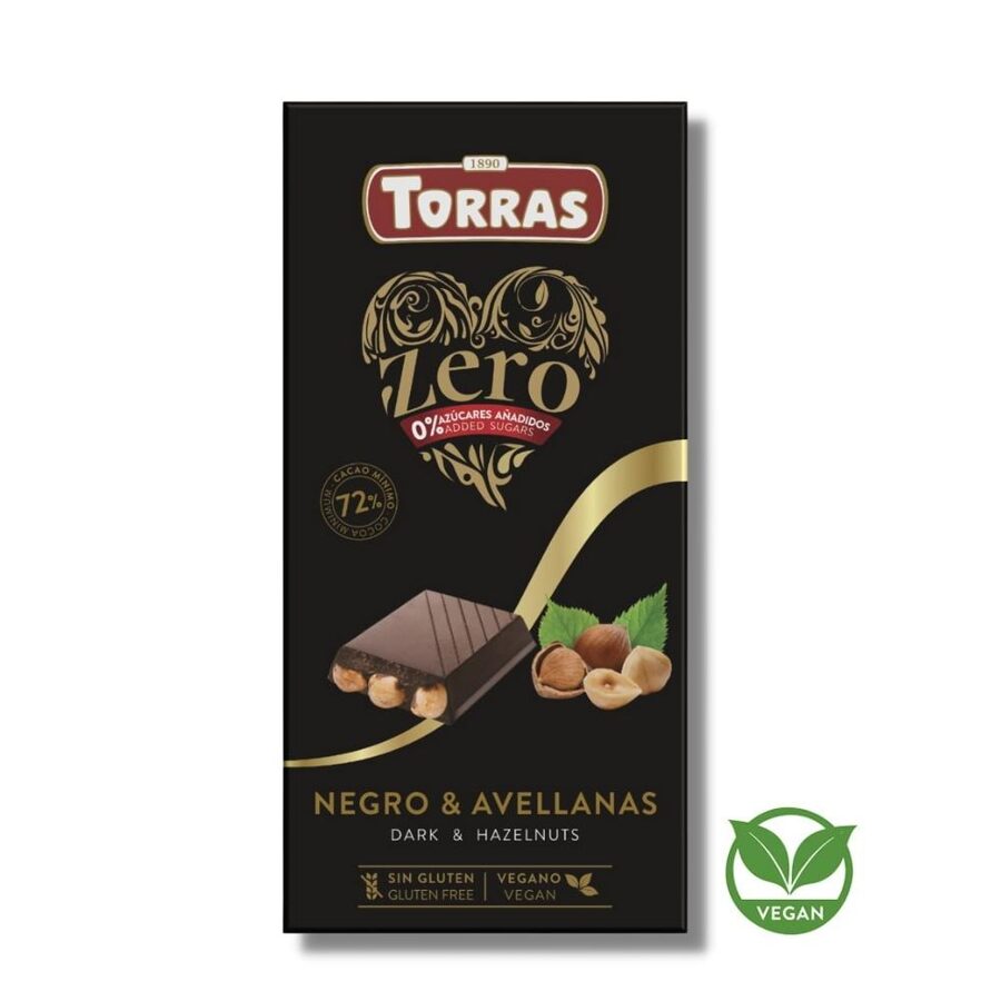 Tumšā šokolāde ar lazdu riekstiem bez pievienota cukura Torras, 150 g