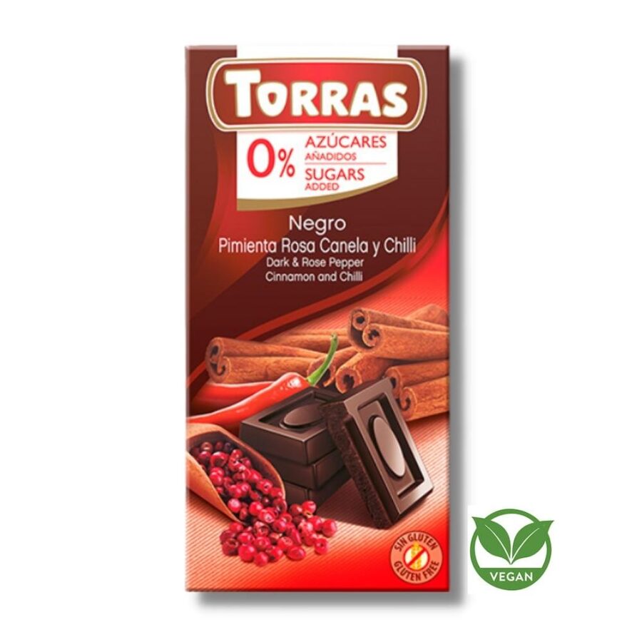 Tumšā šokolāde ar rozā pipariem, kanēli un čili bez pievienota cukura Torras, 75 g
