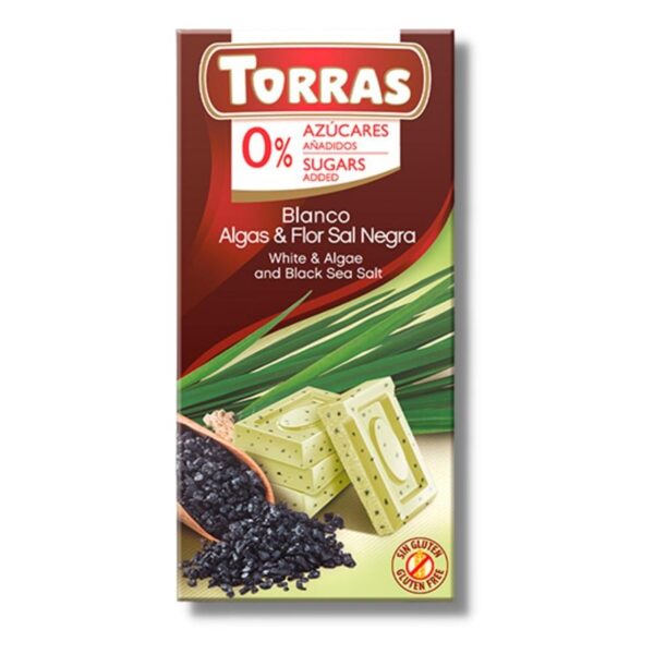 Baltā šokolāde ar alģēm un melnās jūras sāli bez pievienota cukura Torras, 75 g