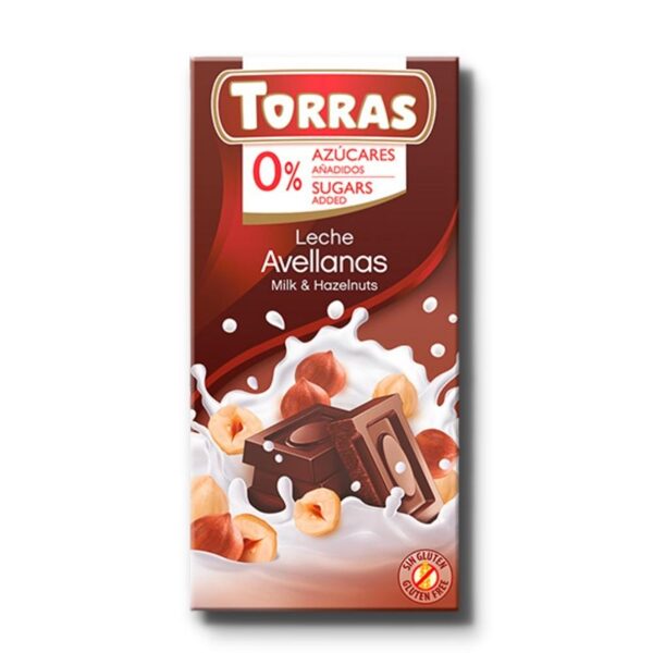 Piena šokolāde ar lazdu riekstiem bez pievienota cukura Torras, 75 g