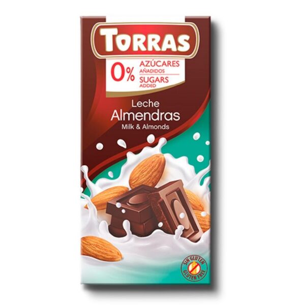 Piena šokolāde ar mandelēm bez pievienota cukura Torras,75 g