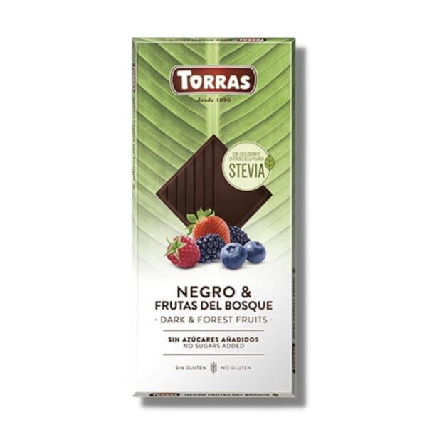 Tumšā šokolāde ar meža augļiem bez pievienota cukura Torras, 125 g
