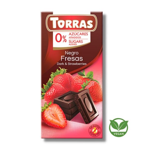Tumšā šokolāde ar zemenēm bez pievienota cukura Torras, 75 g