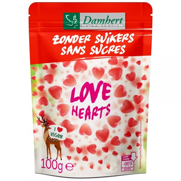 Mīkstās zemeņu konfektes Love Hearts bez cukura Damhert, 100 g